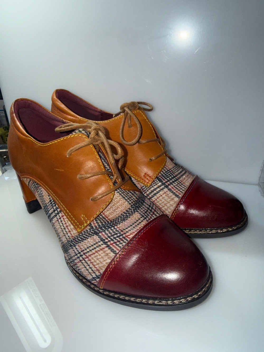 L'ATISTE Burgundy, Tan & Plaid Lace-Up Block Heel Oxfords